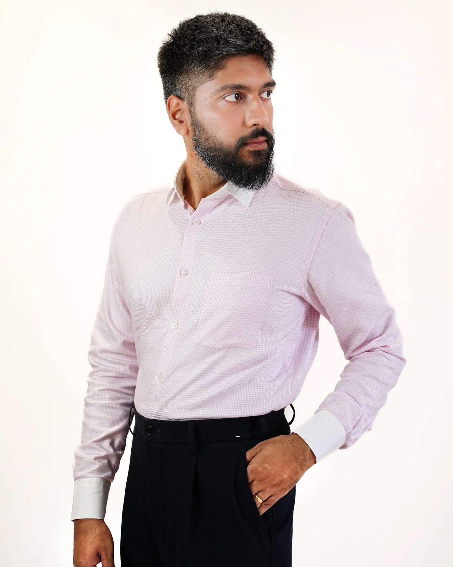 Blush Pink Houndstooth Contrast Collar Shirt