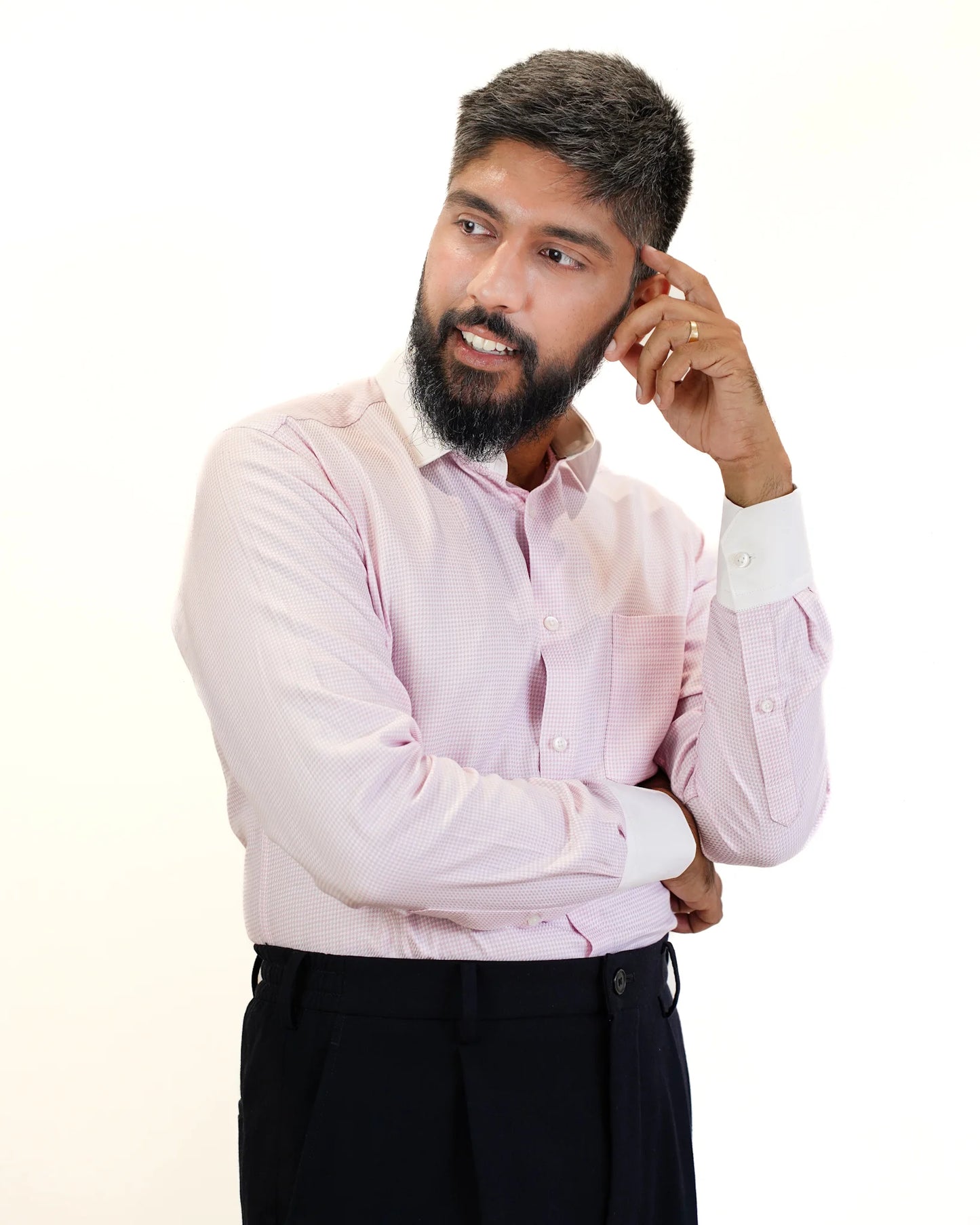 Blush Pink Houndstooth Contrast Collar Shirt