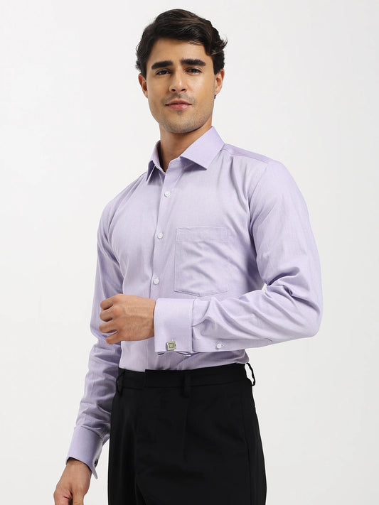 Fabric drape of Lavender Herringbone Elegance Shirt from front with visible herringbone weave