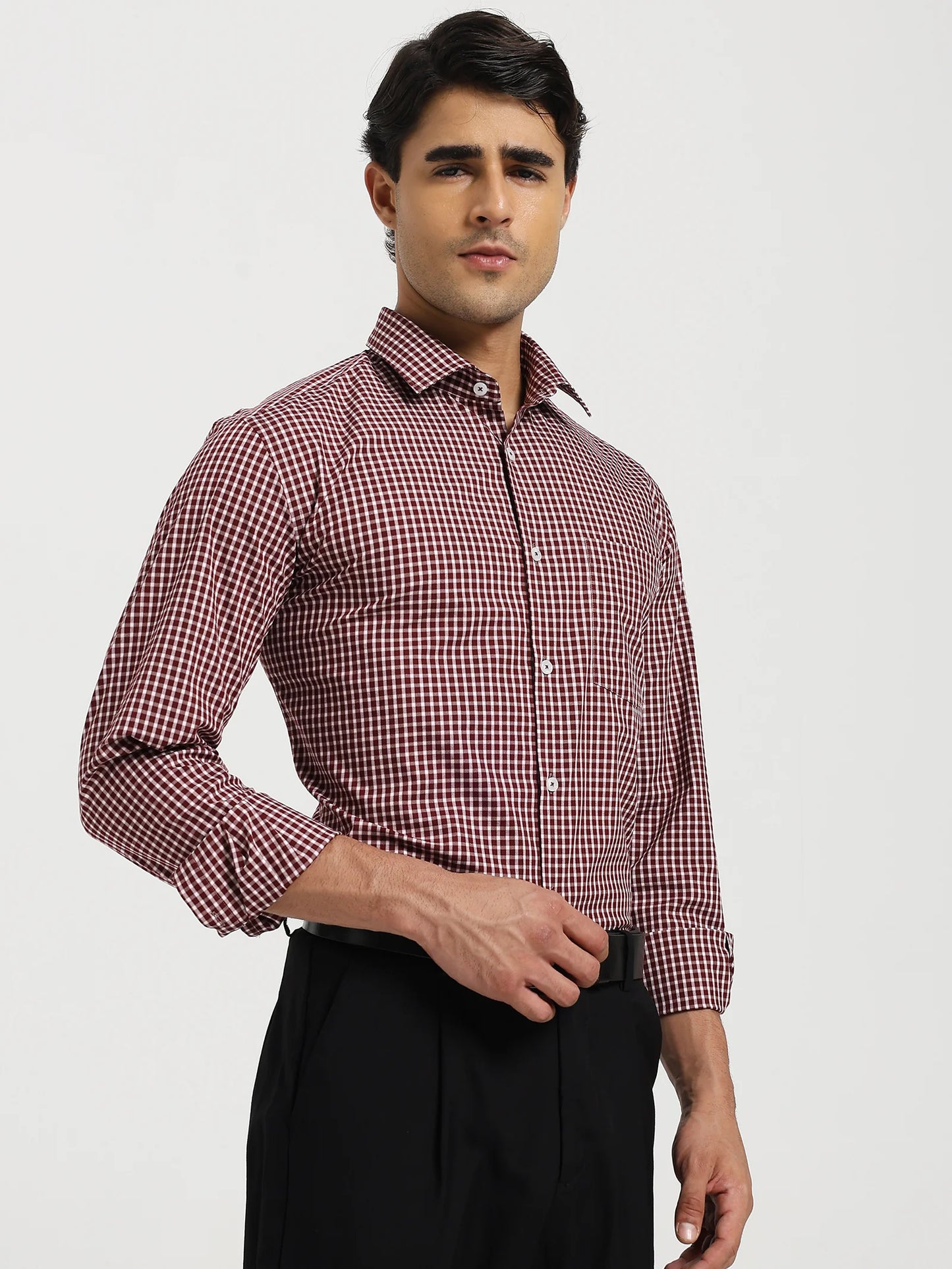Maroon Micro Check Stretch Shirt