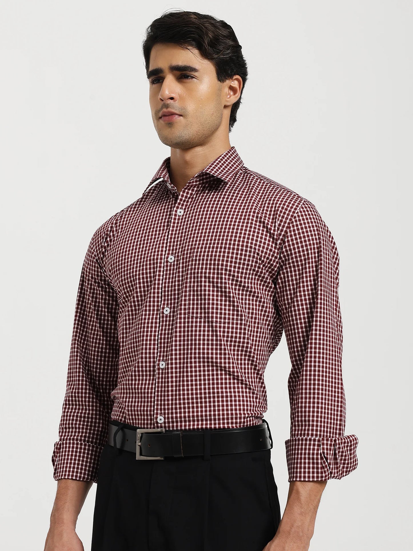 Maroon Micro Check Stretch Shirt