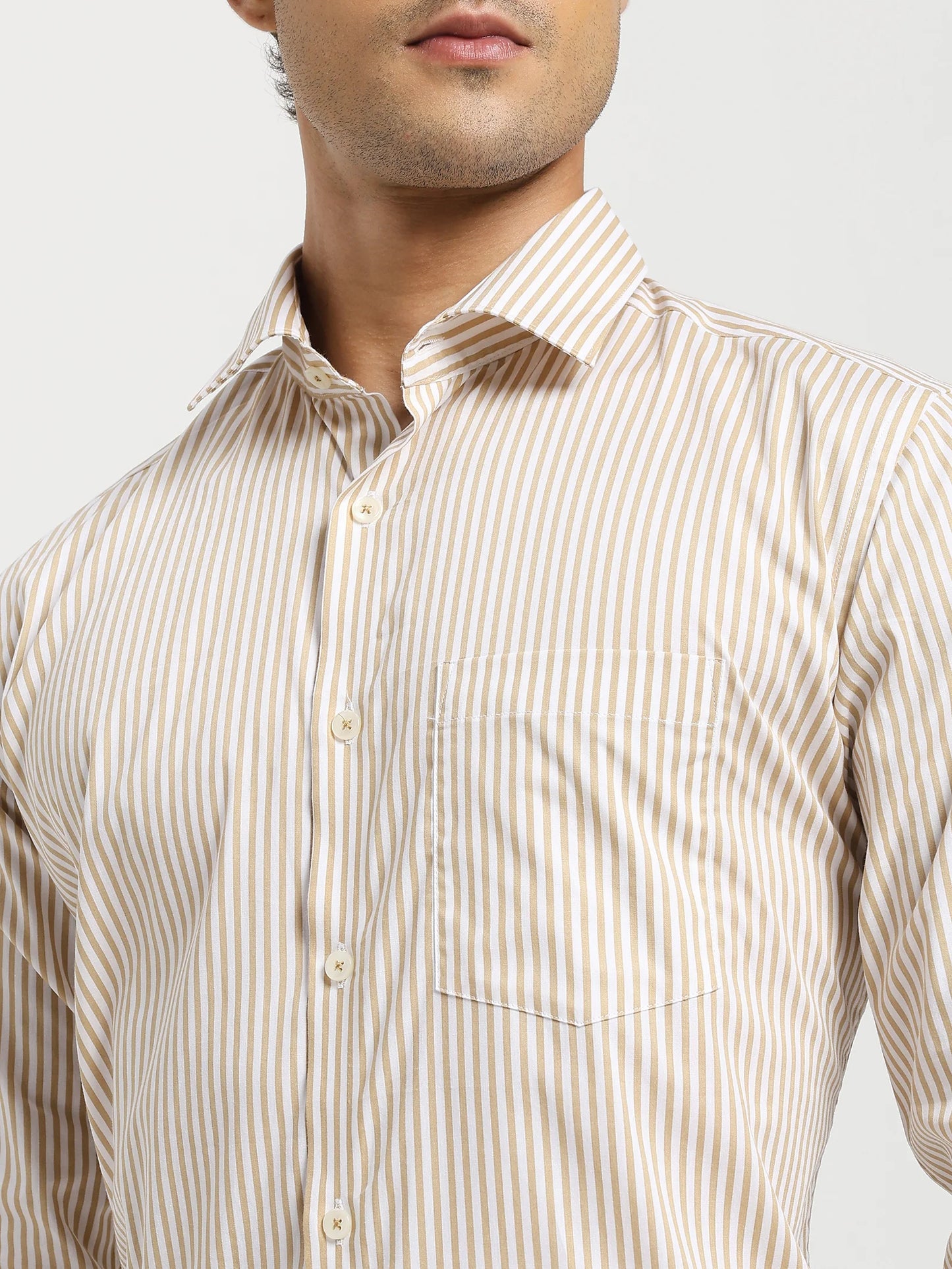 Close-up of sandstone brown and white stripes on premium cotton poplin shirt