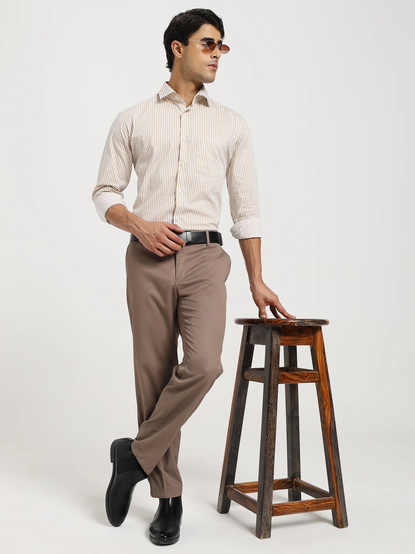 Sandstone brown and white striped cotton poplin lifestyle shot
