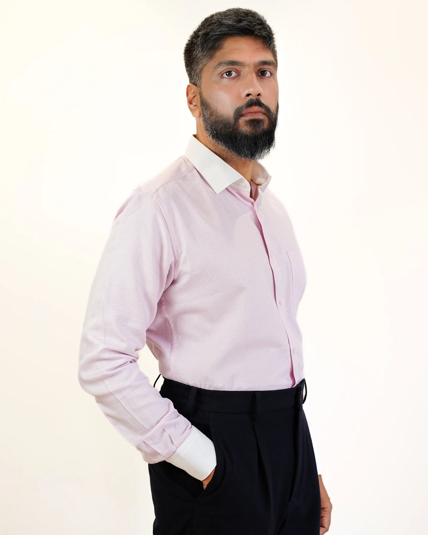 Blush Pink Houndstooth Contrast Collar Shirt