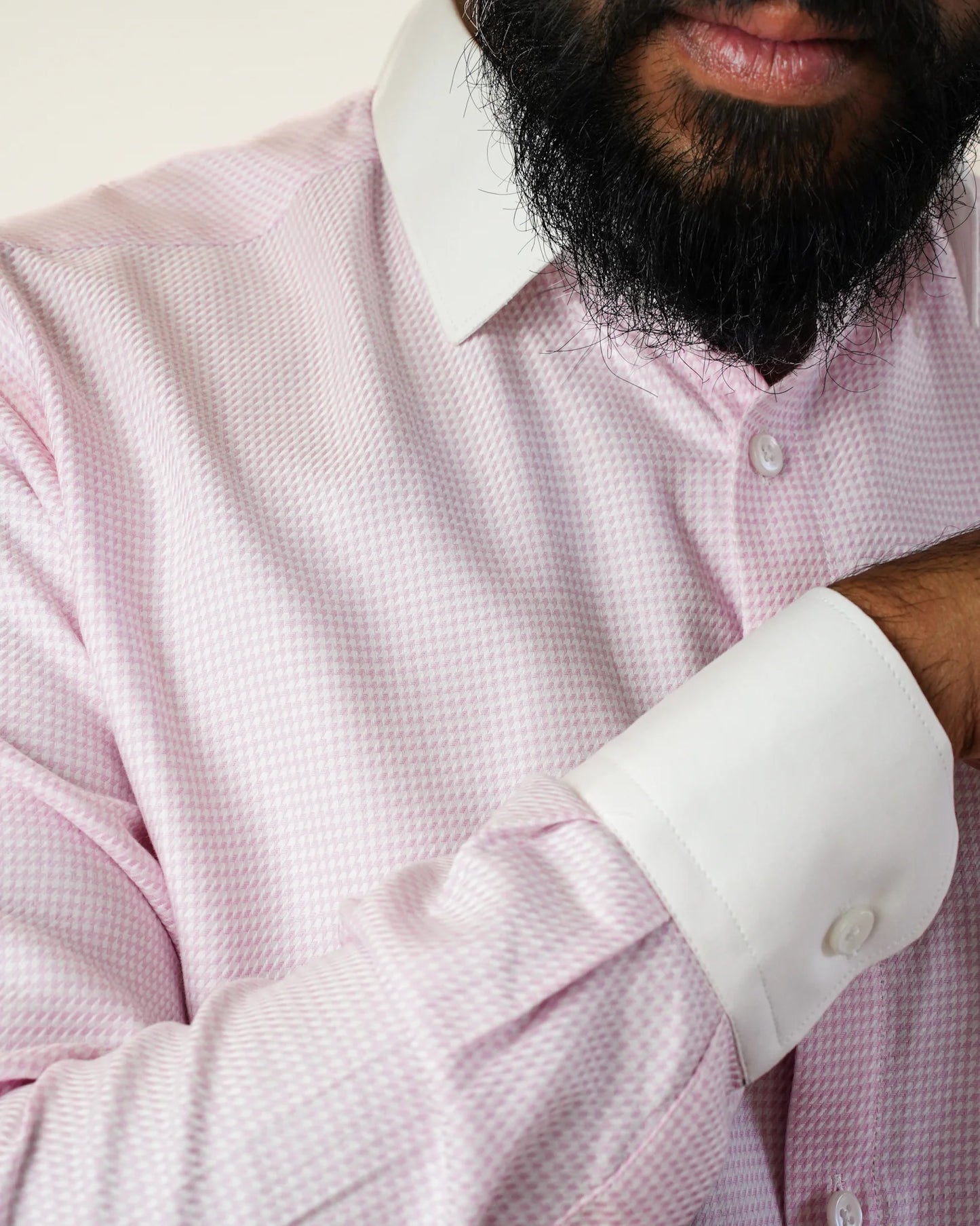 Blush Pink Houndstooth Contrast Collar Shirt