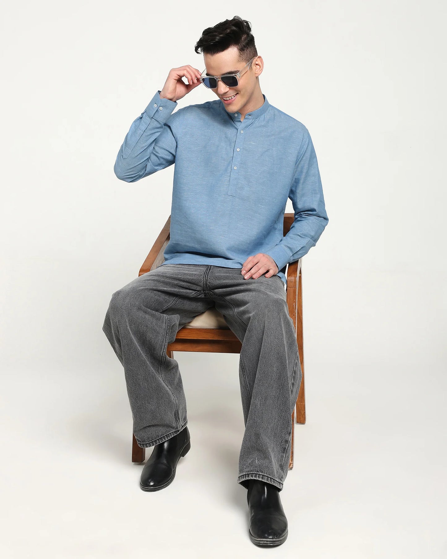 Aether Blue Cotton Linen Short Kurta
