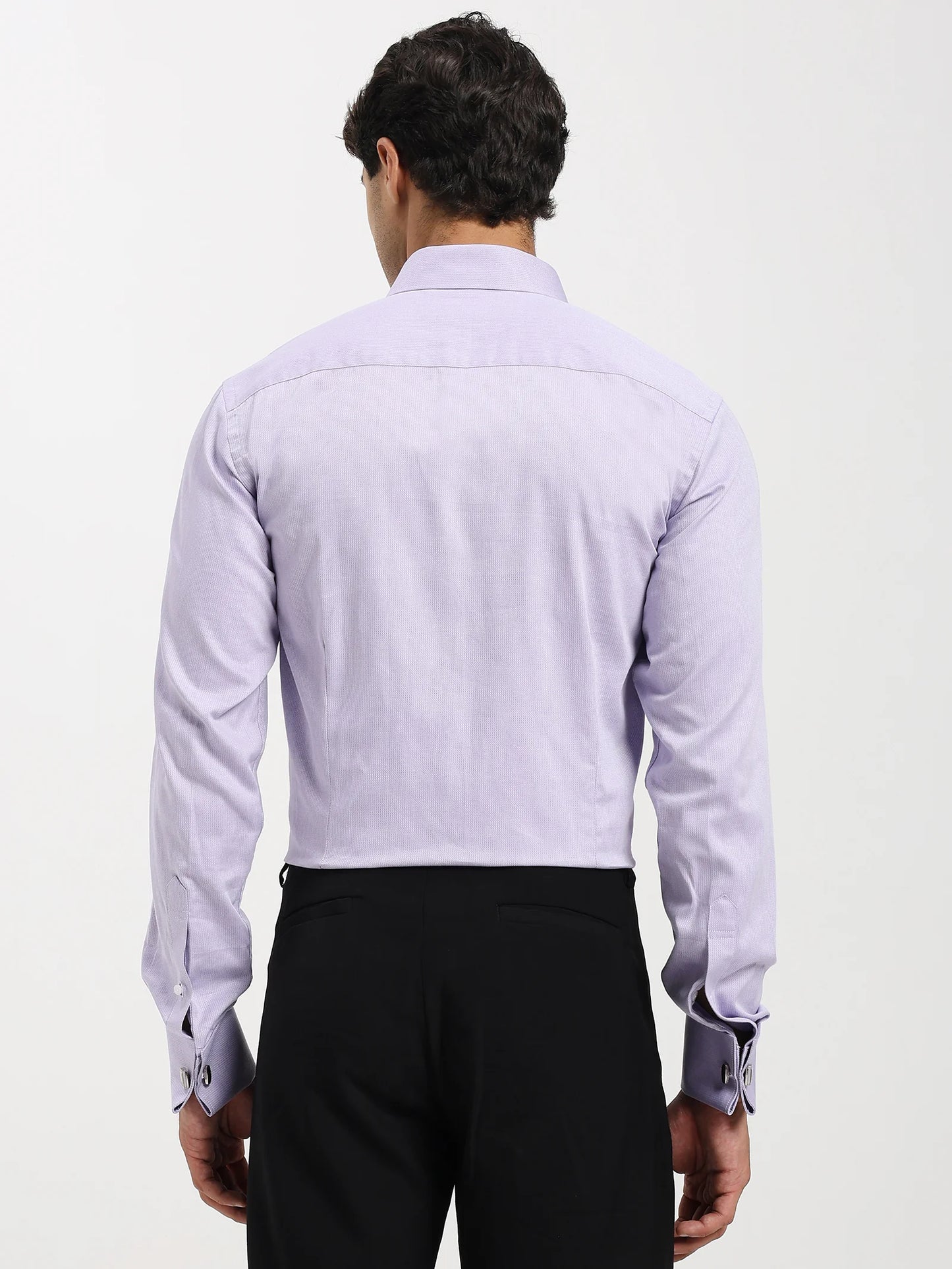 Back shot of a man in Lavender Herringbone Elegance Shirt