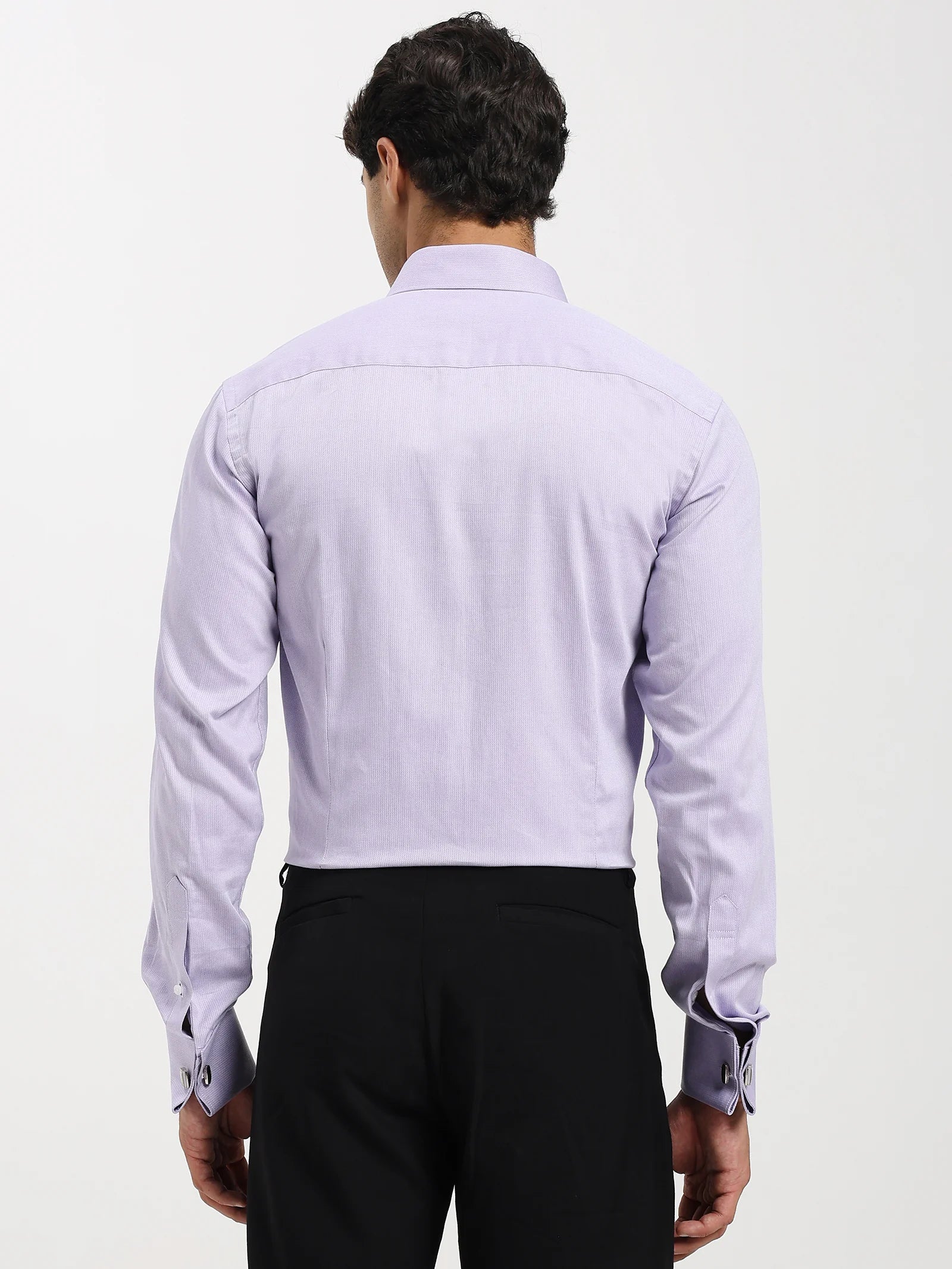 Back shot of a man in Lavender Herringbone Elegance Shirt