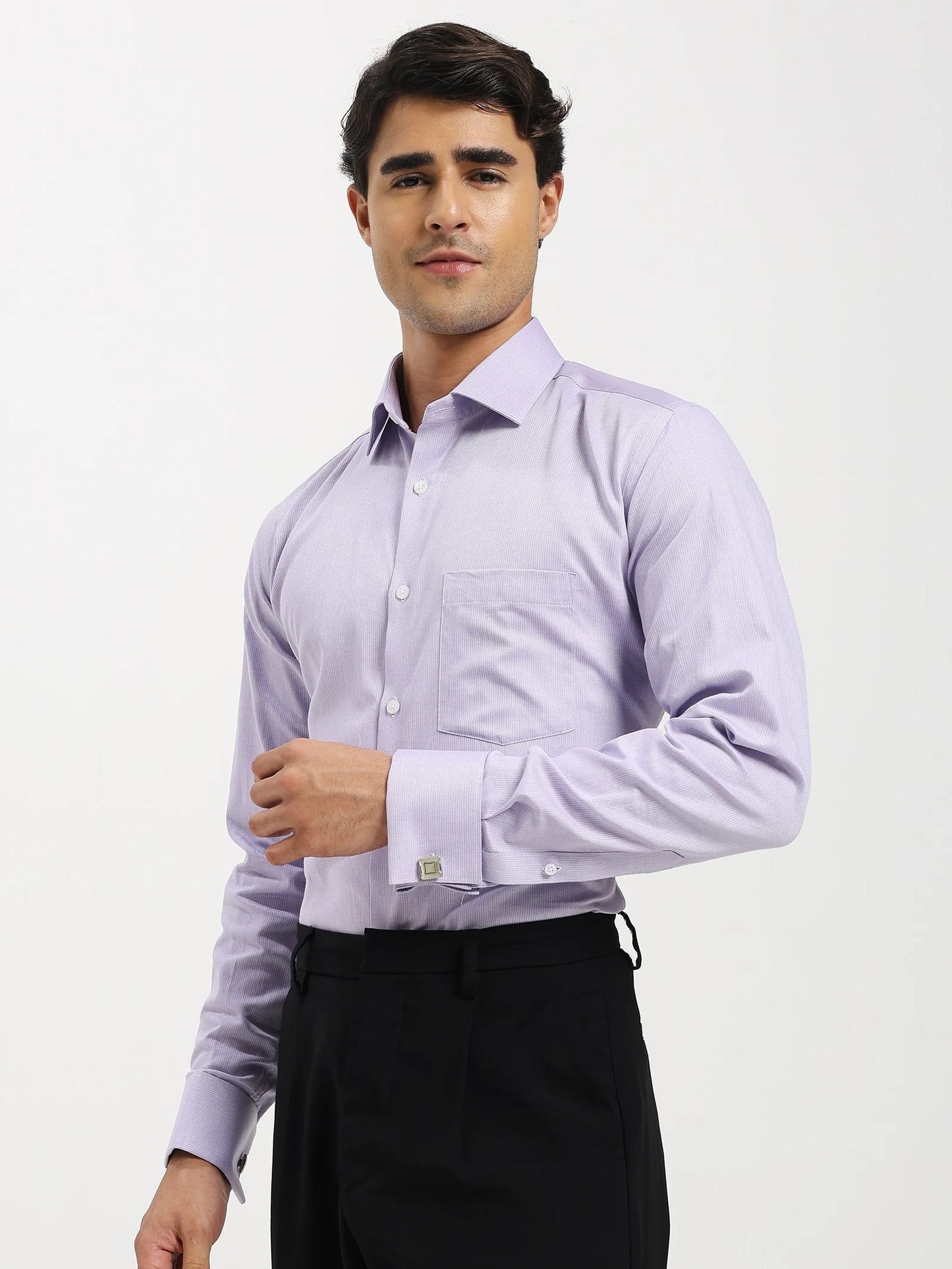 Fabric drape of Lavender Herringbone Elegance Shirt from front with visible herringbone weave