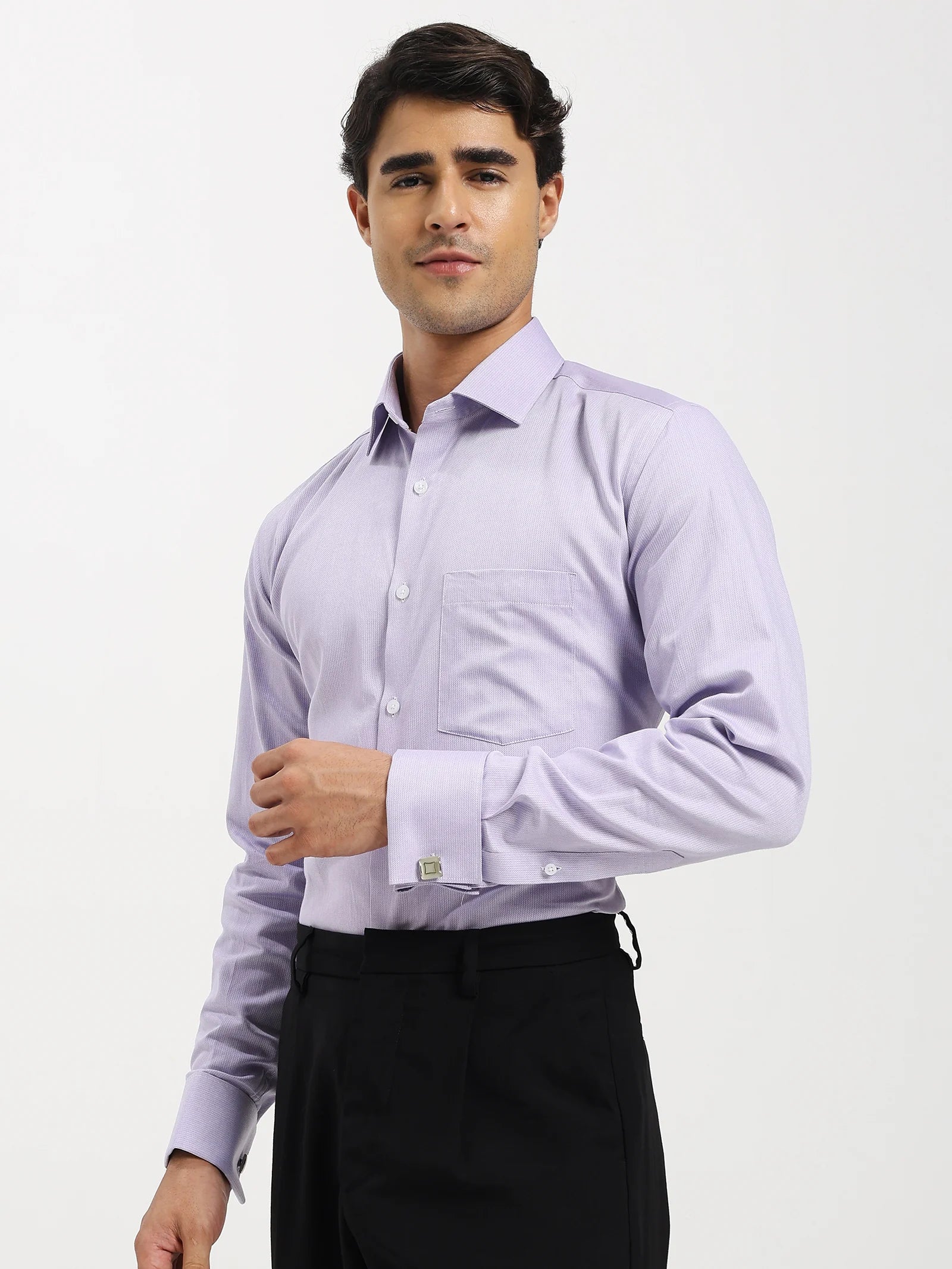 Fabric drape of Lavender Herringbone Elegance Shirt from front with visible herringbone weave