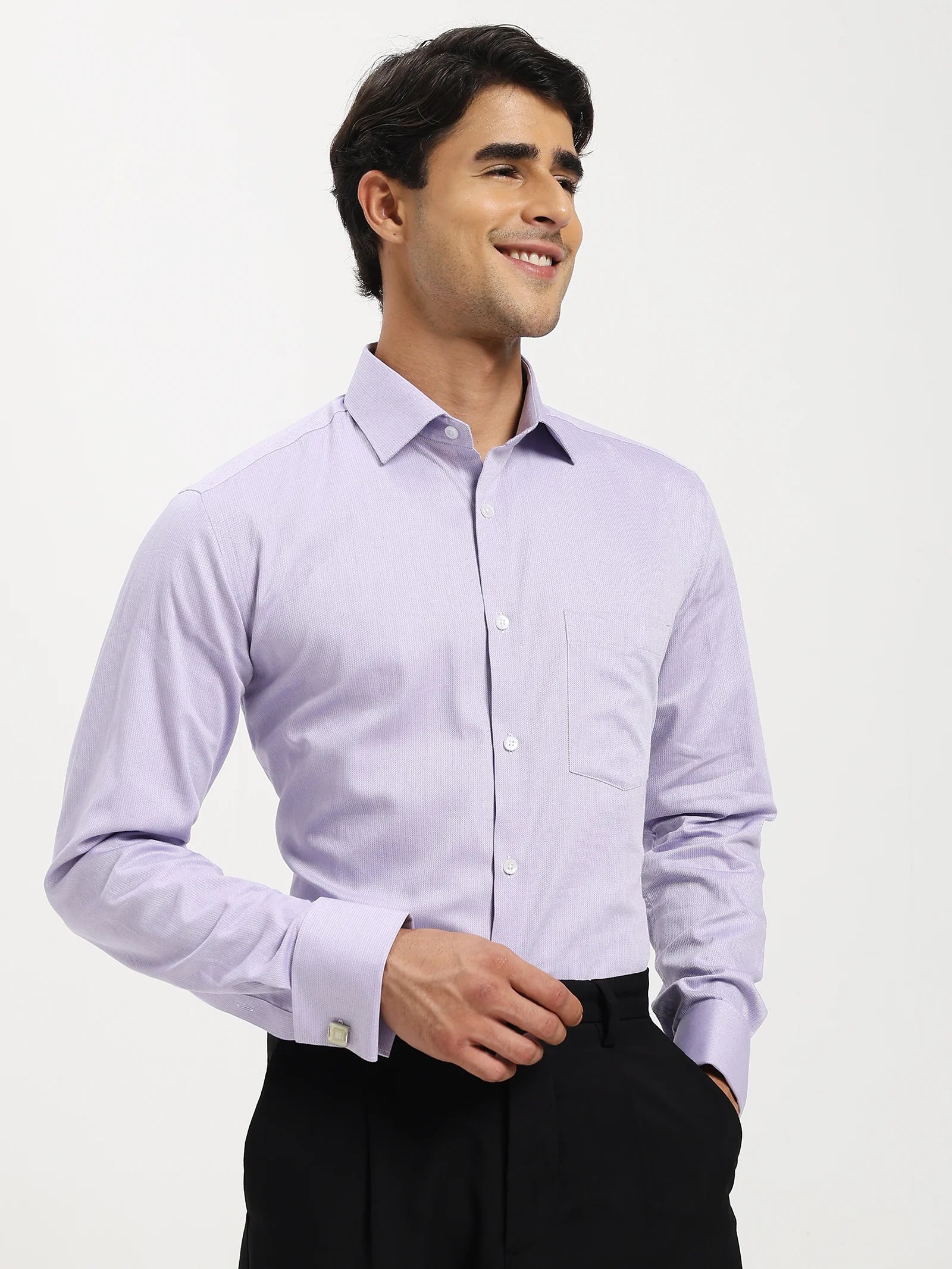 Side angle of lavender shirt fabric highlighting texture and finesse