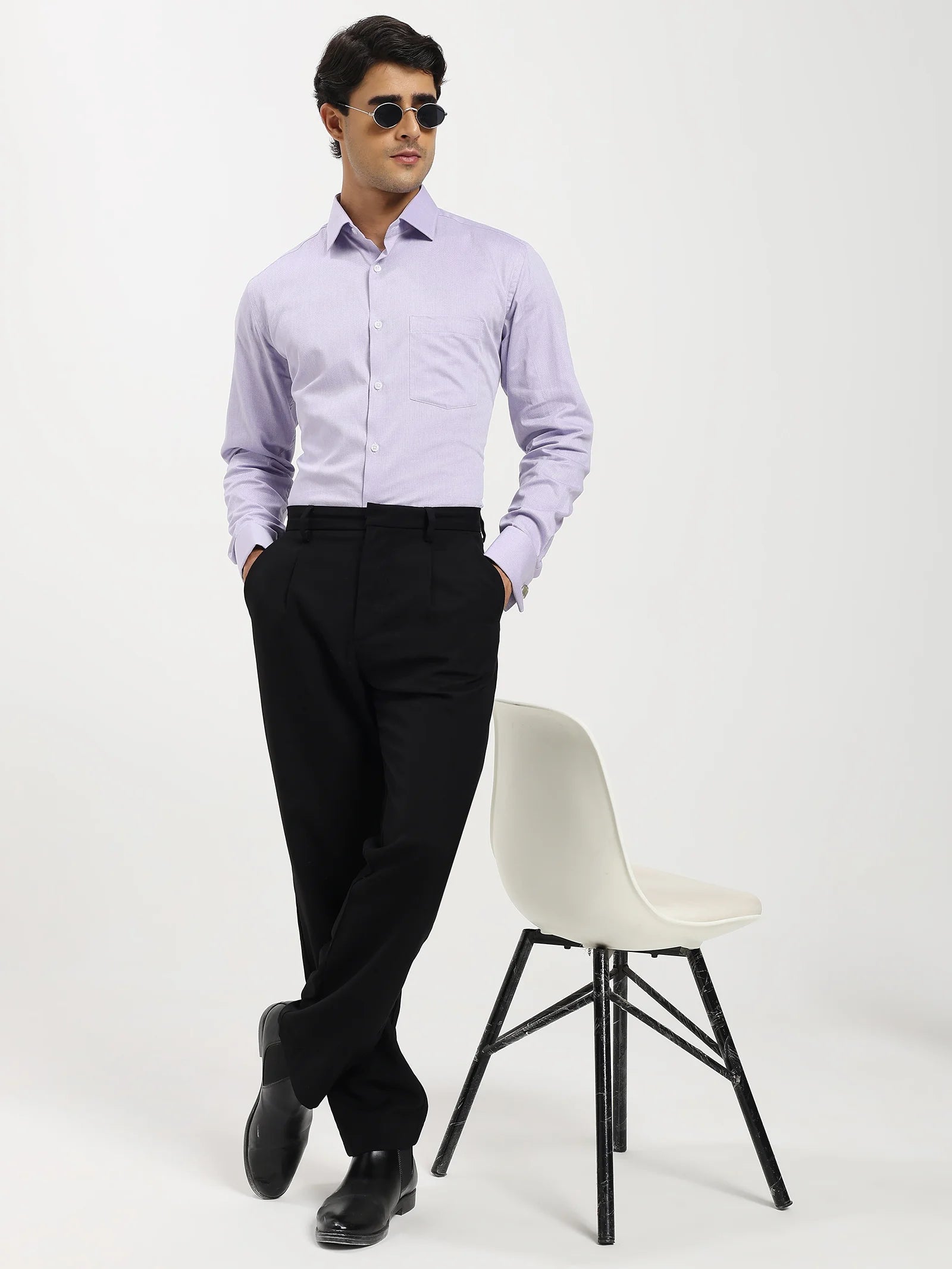 Full view of Lavender Herringbone Elegance Shirt styled with black trousers
