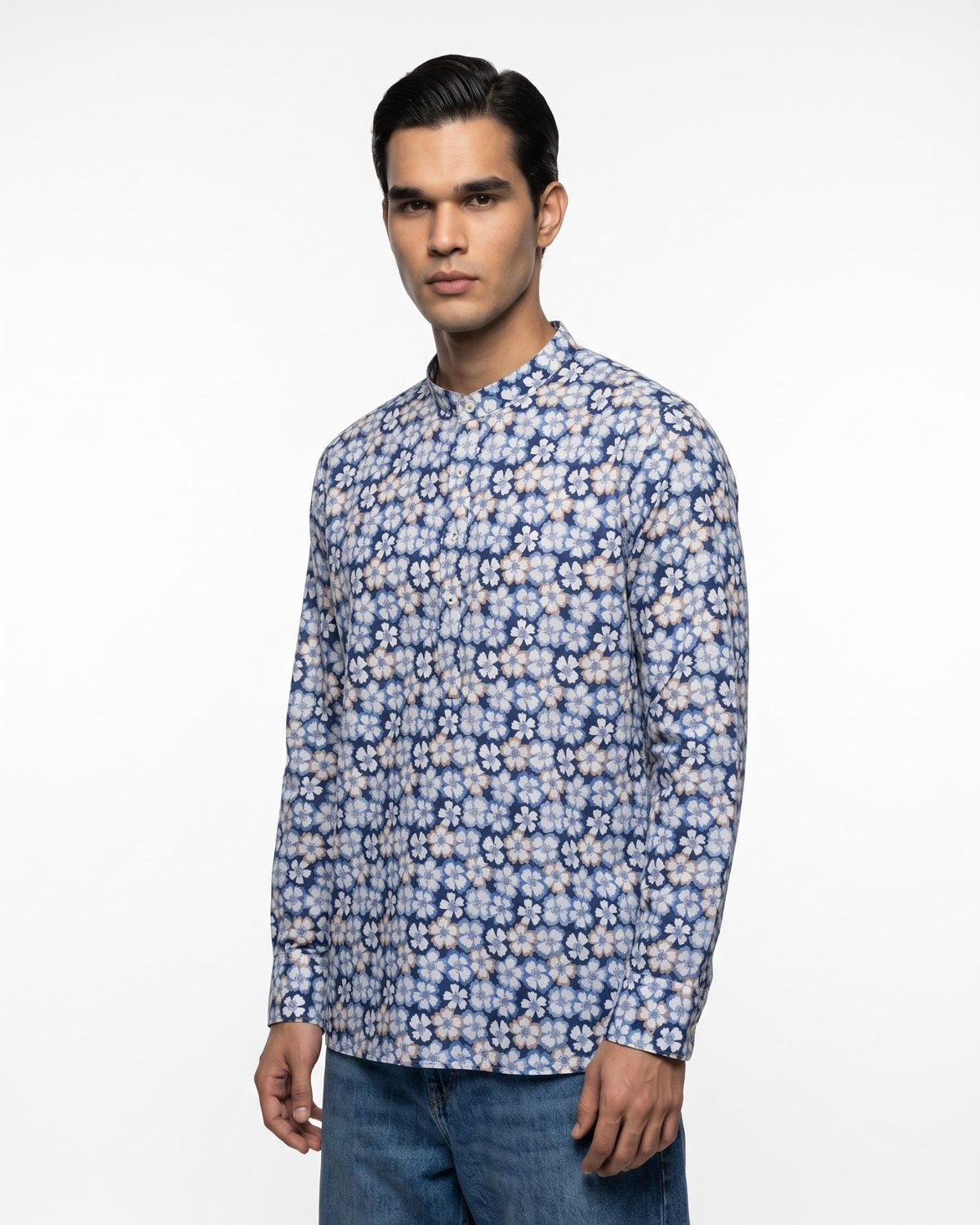 Navy Bloom Floral Print Short Kurta