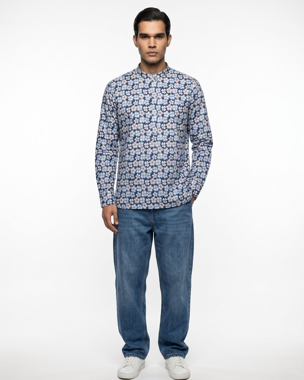 Navy Bloom Floral Print Short Kurta