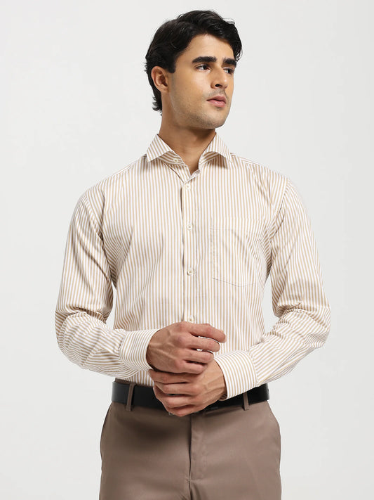 Men's sandstone brown and white striped cotton poplin shirt – front view