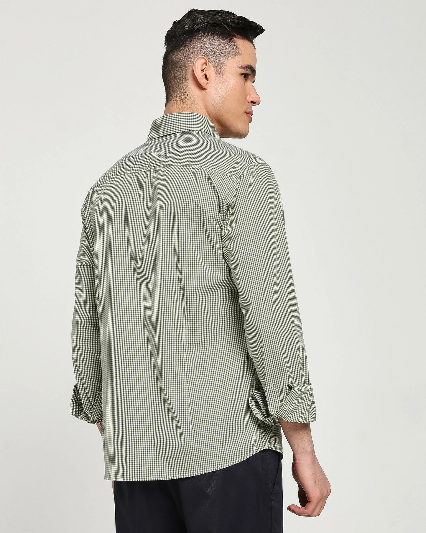 Back of a man wearing Green and white mini check cotton shirt