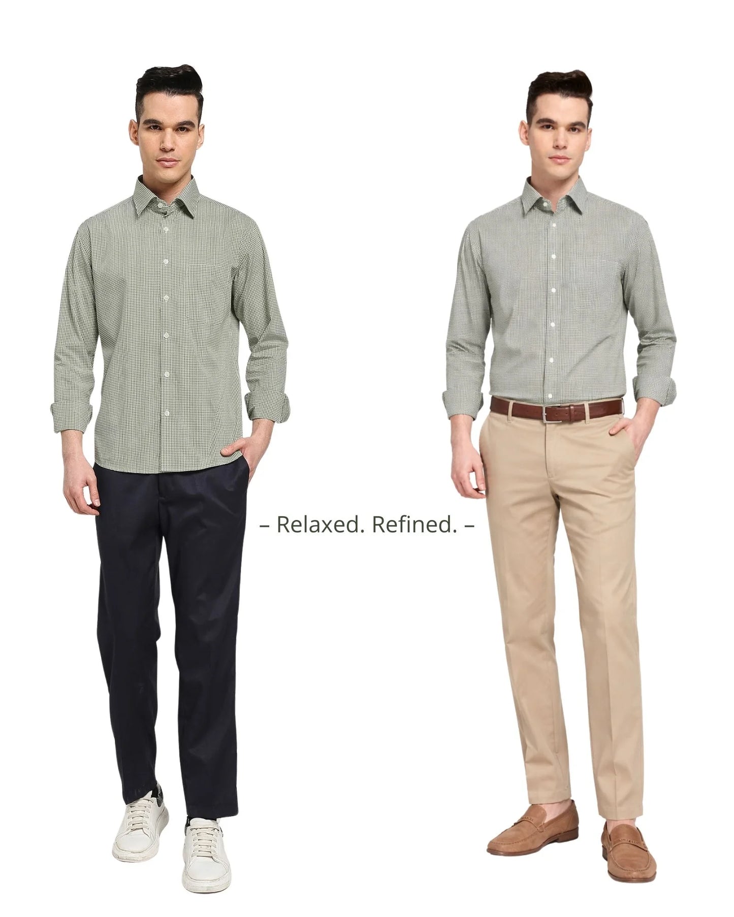 Same men wearing green and white shirt for two different occasions